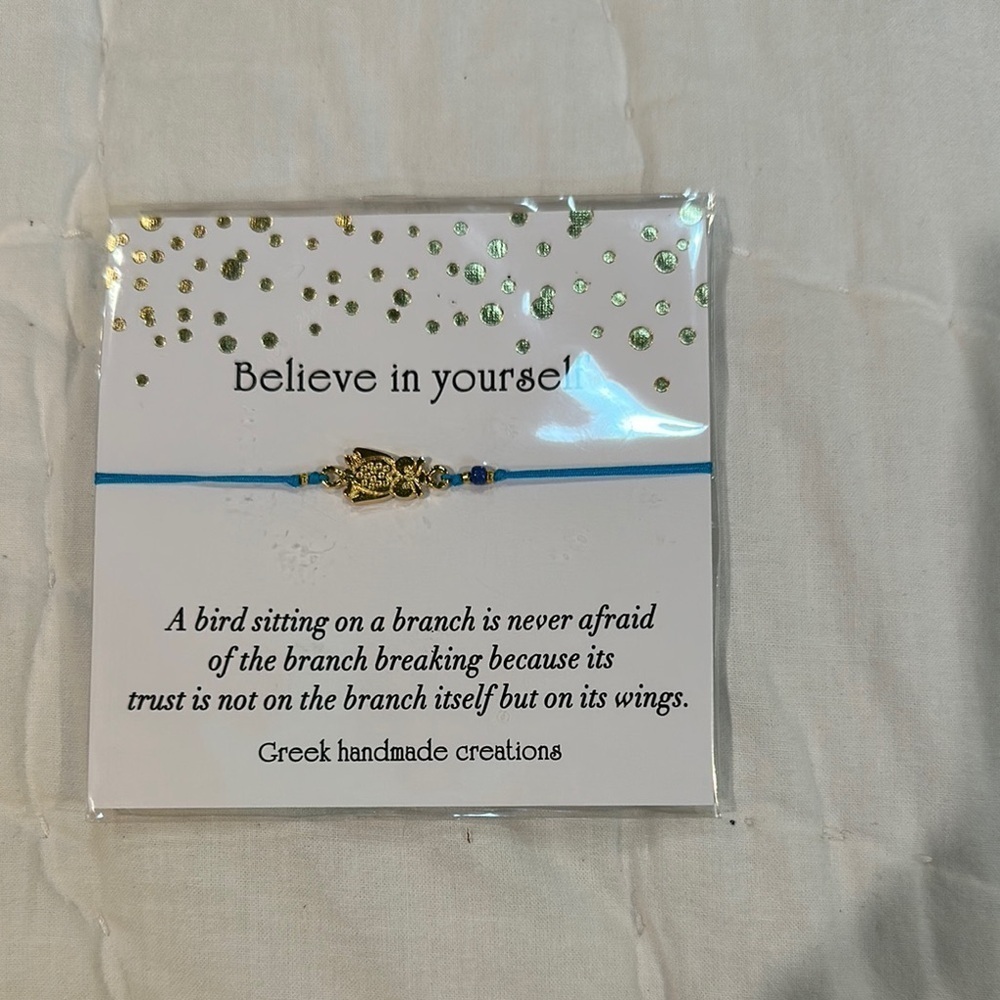 Owl Bracelet with Gold Accents and blue string